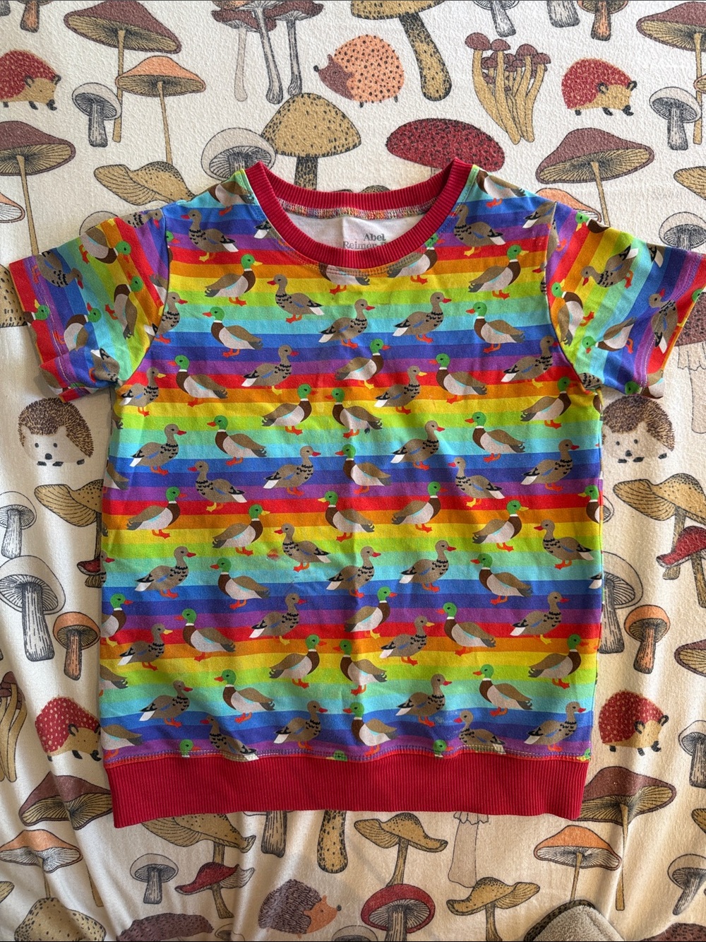 Colorful Rainbow Duck Print Kids T-Shirt - Red Trim Tubs Togs